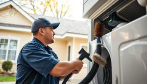 Technician performing dryer vent cleaning salt lake city utah, showcasing tools and expertise.