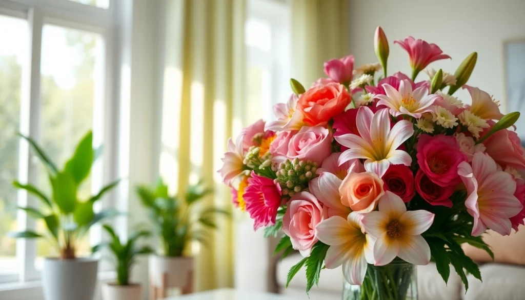 Beautifully arranged Fountain Valley flowers in a sunlit living room, showcasing vibrant colors and elegance.