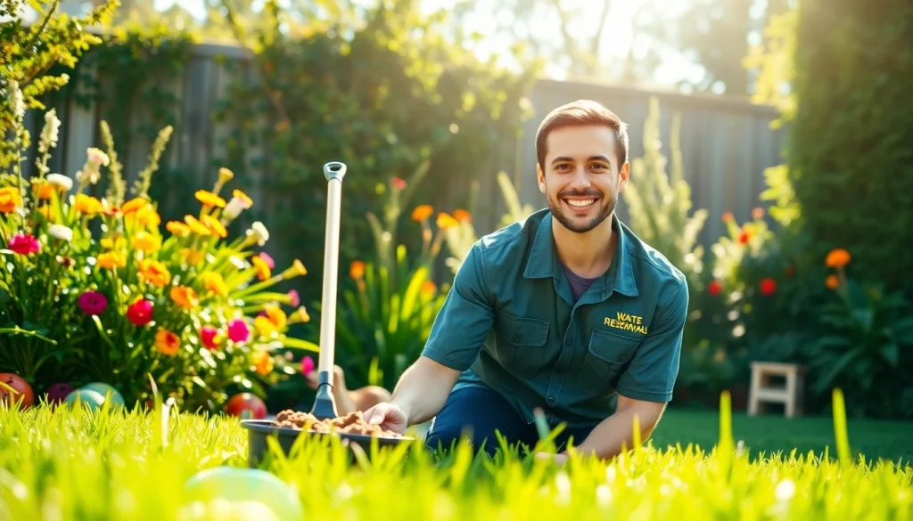 Weekly dog poop scooping service performed by a technician in a sunny backyard.