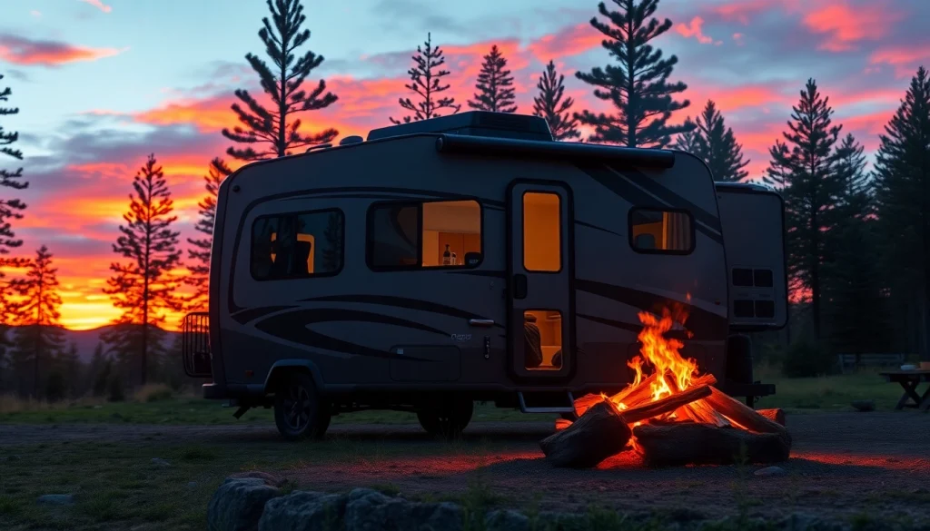 Experience comfort in JRP Campers with a modern design set against a serene camping backdrop.