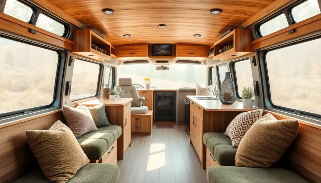 Upgrading Camper Vans with a cozy, modern interior transformation featuring soft greens and browns.