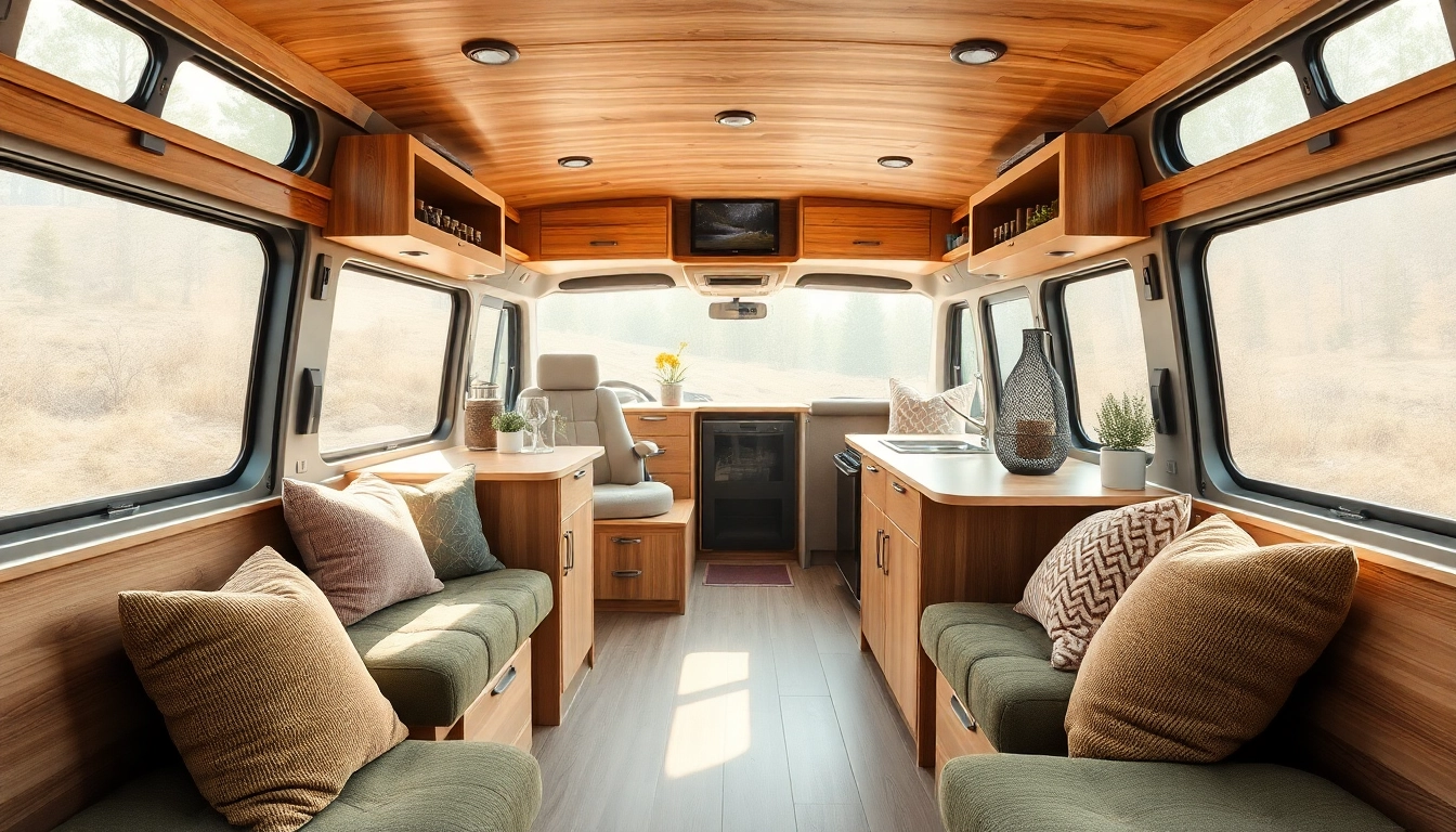 Upgrading Camper Vans with a cozy, modern interior transformation featuring soft greens and browns.