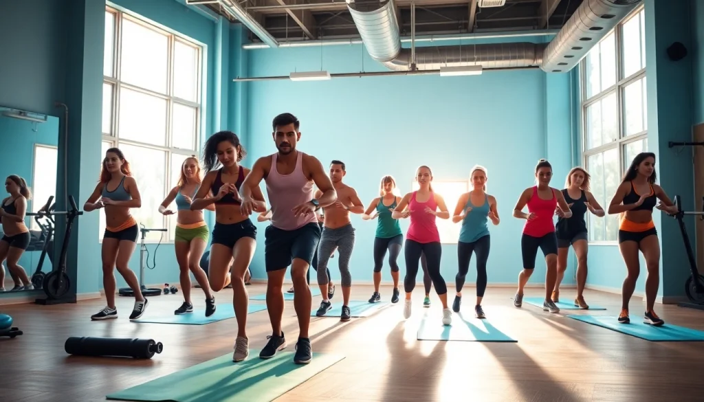 Engaged individuals in gym group training focused on teamwork and fitness in an energized studio.