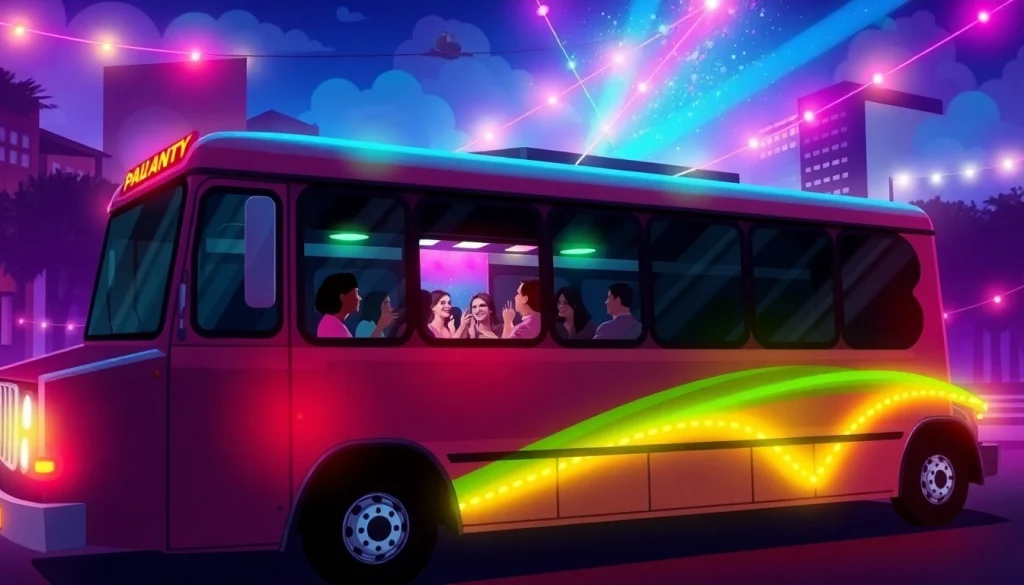 Experience the excitement of an atlanta party bus with a vibrant group celebration inside under colorful lights.