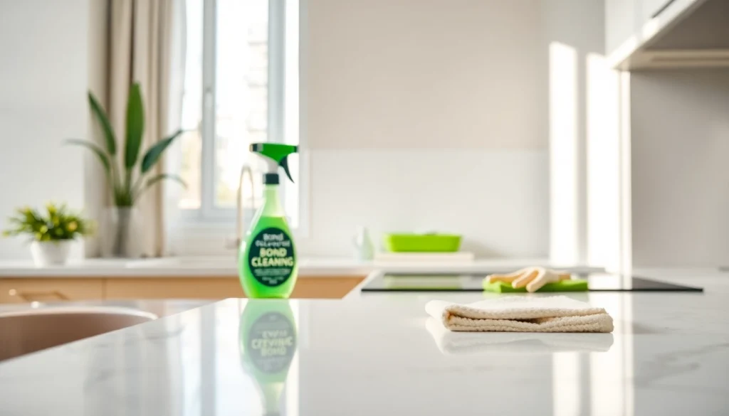 Efficient bond cleaning brisbane service, showcasing a cleaner in action in a sparkling kitchen.