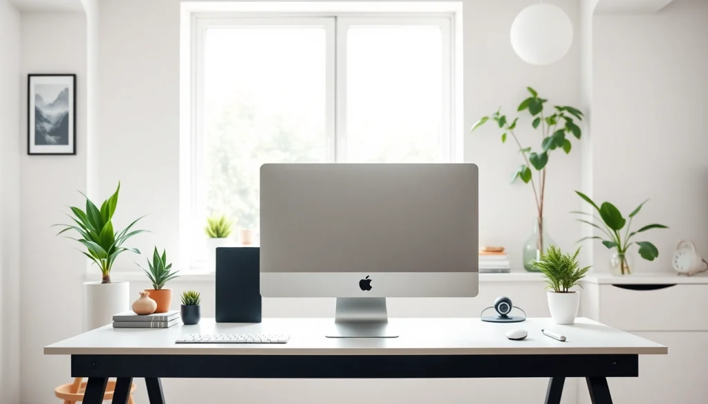 Buy Mac Pro prominently displayed in a stylish home office setting, showcasing its sleek design.