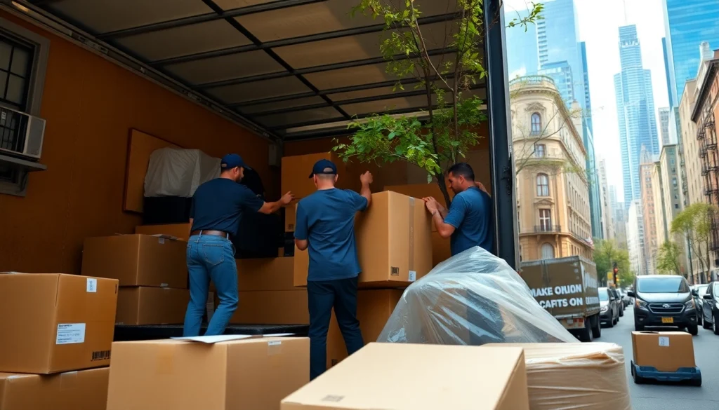 Efficient Manhattan moving company team busy packing items with care in New York's cityscape