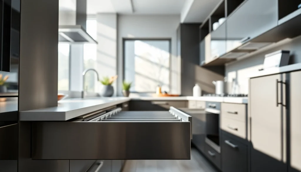 Showcase of a Metal Drawer System demonstrating modern design and functionality in a kitchen setting.