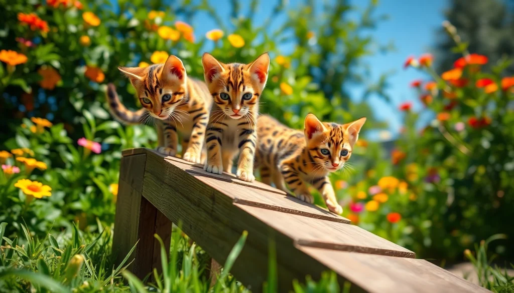 Bengal Breeders Orange County showcasing playful kittens in a sunlit garden.