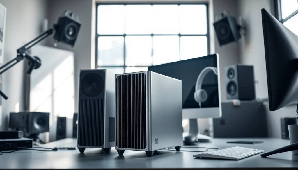 Buy Mac Pro in a sleek modern workstation setup with high-end peripherals