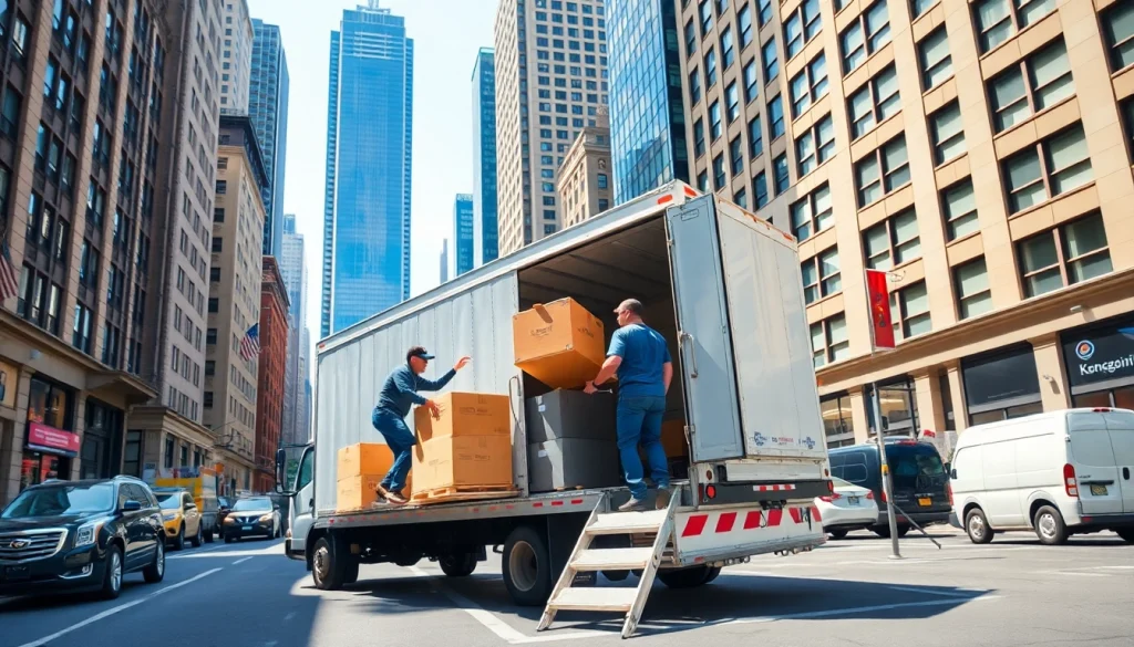 Manhattan moving company professionals loading a moving truck in the city.