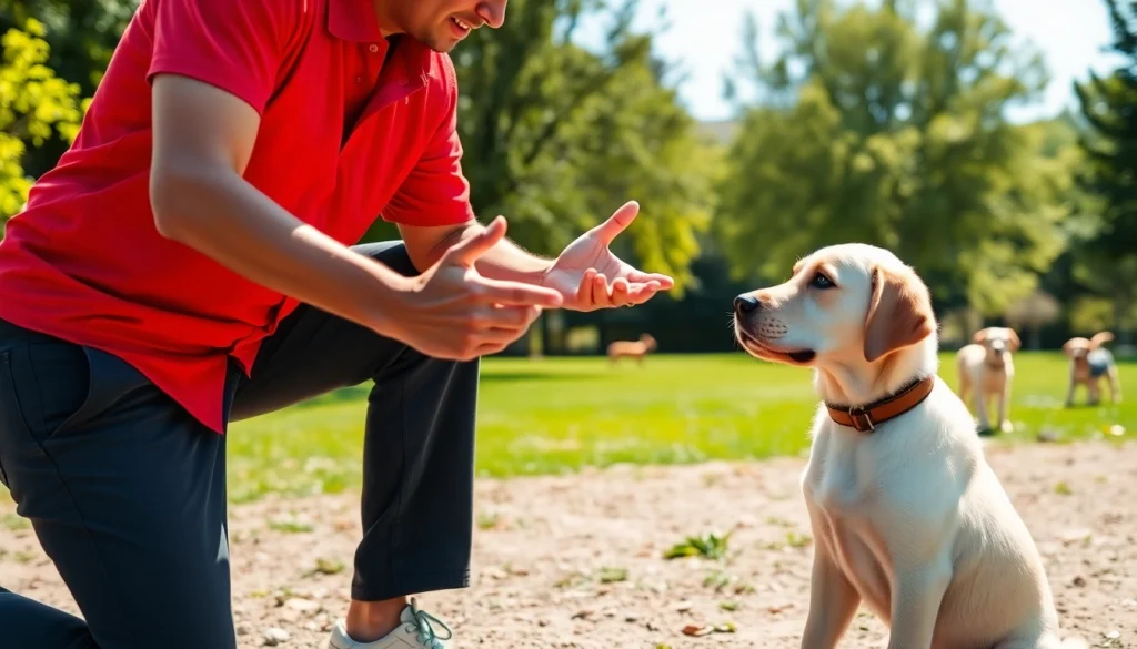 Engaging dog training Irvine session where a trainer teaches a Labrador puppy commands