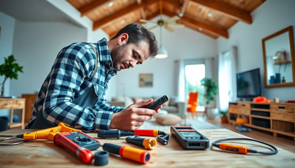 Electrical Service installation being performed by a professional electrician in a bright living room.