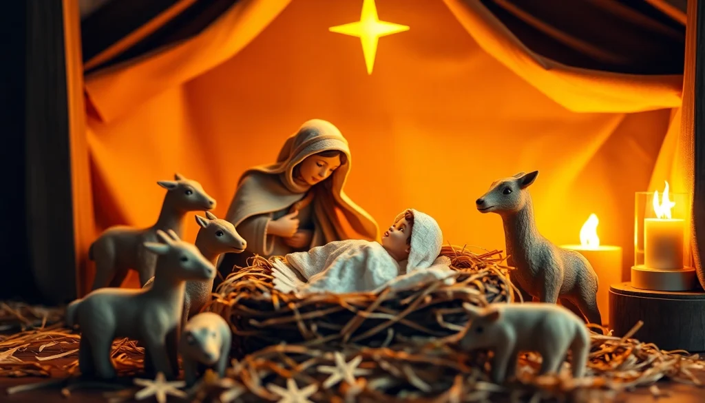 Nativity sets beautifully arranged with intricate figurines and soft lighting ambiance.