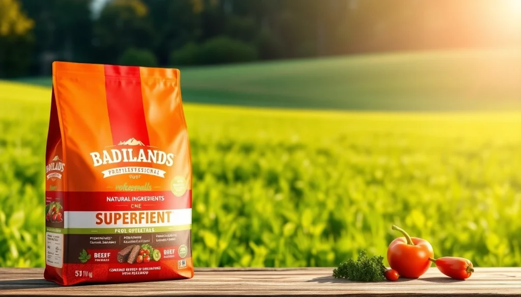 Highlighting Badlands Ranch Superfood Complete dog food with natural ingredients in a vibrant outdoor setting.