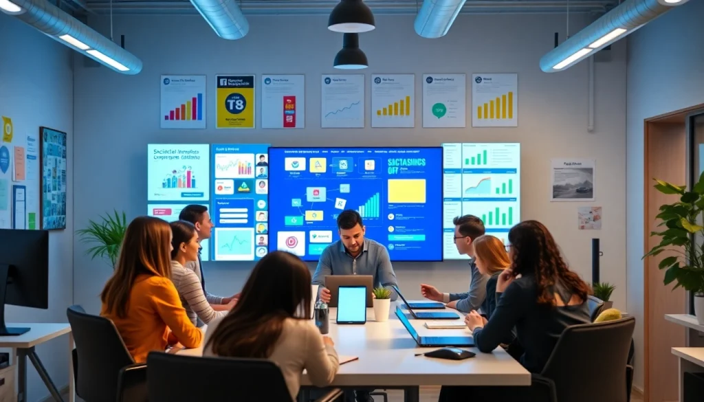 Dynamic team collaborating at a social media agency, showcasing creativity and strategy.