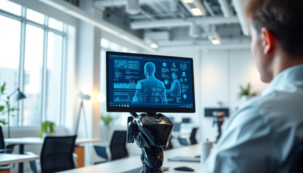 Engaging AI bot for websites interacting with a user in a bright office environment.