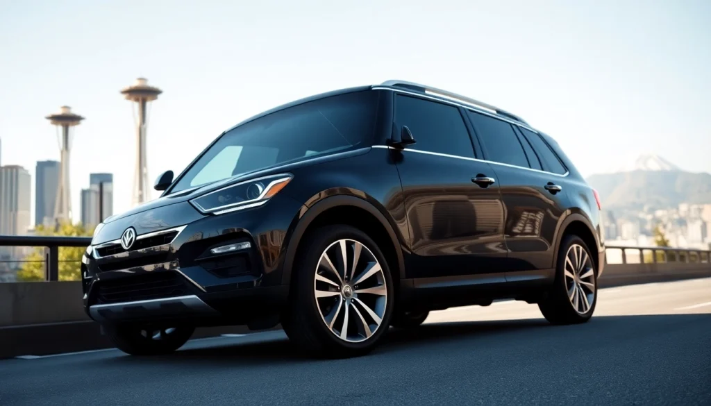 Car service from Seattle to Vancouver featuring a luxurious SUV in the city skyline.