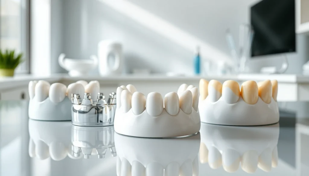 Examine various dental crowns in a modern dentistry setting to understand their features.