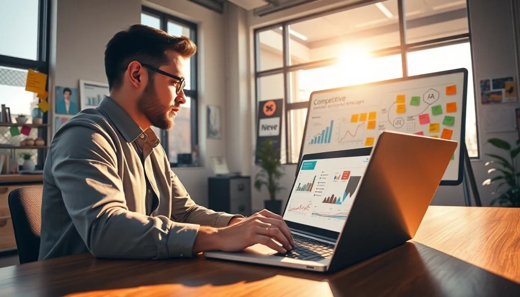 Analyze competitor landscape using ai prompts for competitor analysis in a modern office.