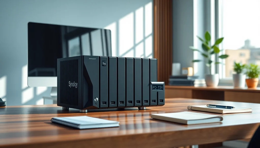 Showcase of Synology Storage in a modern office setting with clean design elements.