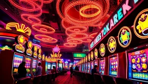 Menangkan jackpot di game slot dengan mesin slot berwarna cerah dan suasana kasino yang menarik.