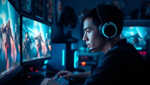 Nikmati permainan game online dengan gamer fokus di depan layar komputer.