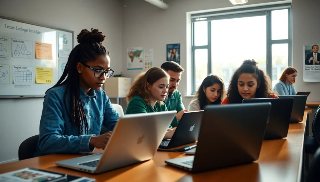 Students studying the Texas College Bridge program in a bright online learning environment.