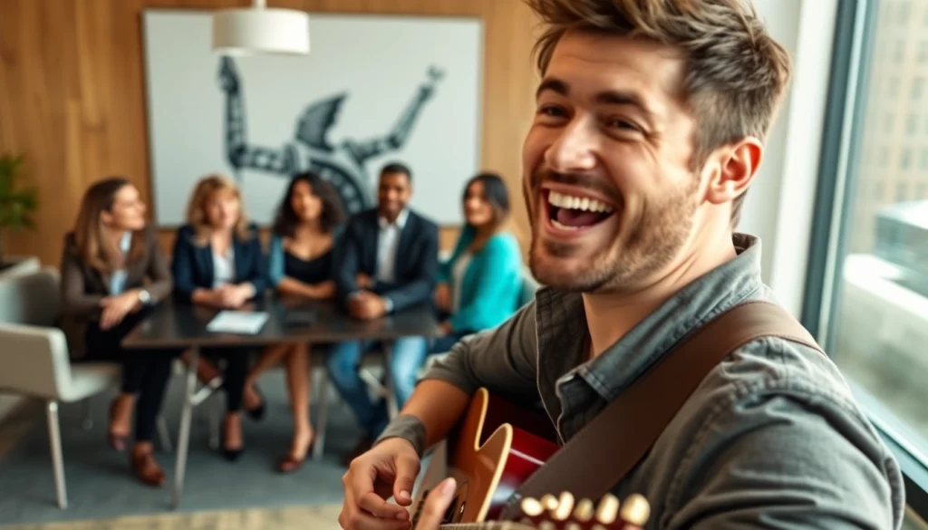 Engaged musician showcasing music pitching skills to industry executives in a vibrant setting.
