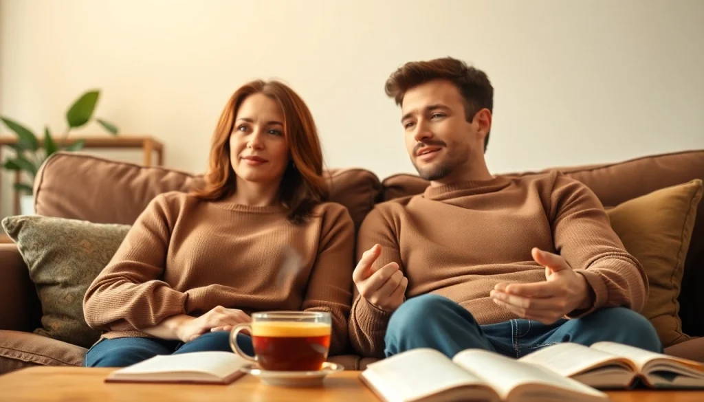 Couple communicating effectively in relationships during a cozy conversation.