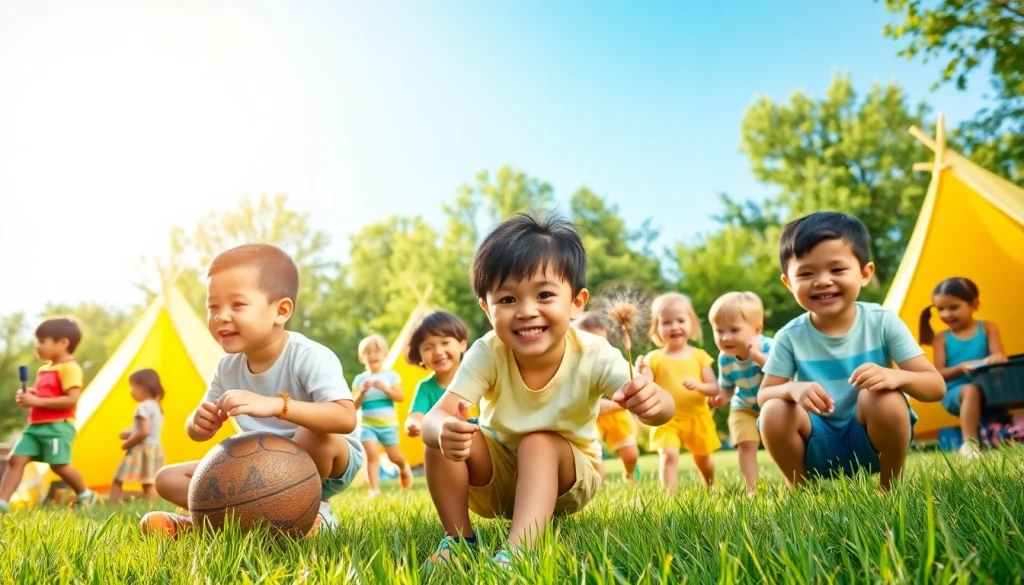 Children enjoying exciting holiday camps activities like sports and crafts in a vibrant outdoor setting.