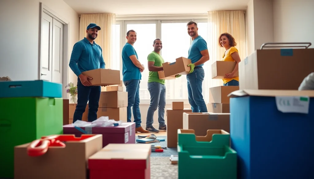 Queens movers efficiently packing boxes in a bright apartment, showcasing teamwork and professionalism.