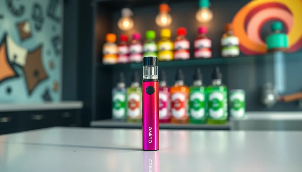 Showcasing the HQD Cuvie disposable vape with colorful e-liquid in the background, emphasizing style.