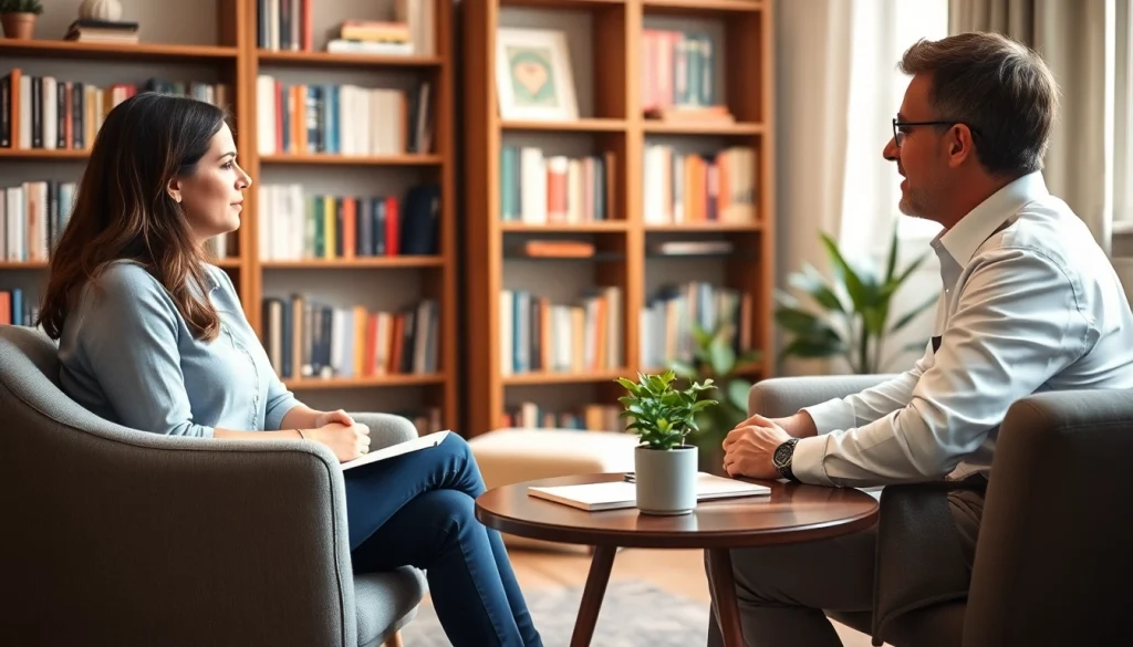 Depression discussion in a serene therapy session featuring a therapist and patient.