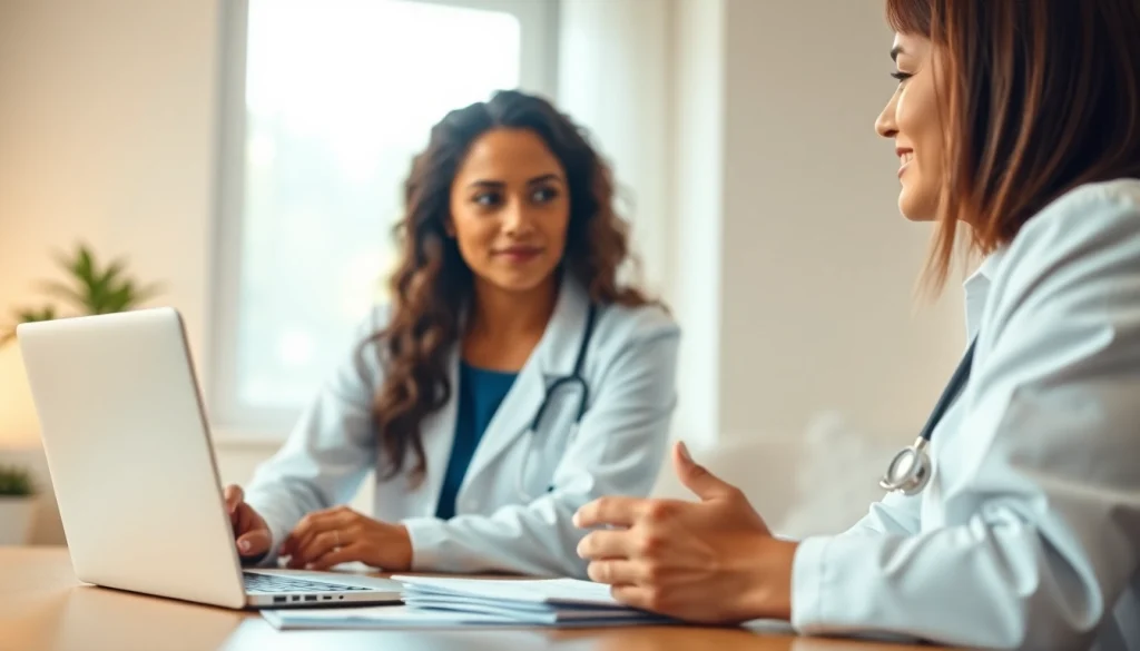 Concierge care physicians discussing health options with a patient in a welcoming office environment.